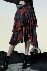 Jupe punk pour femme en chiffon à taille haute avec décoration d'impression de motif irrégulier en couches noir/rouge